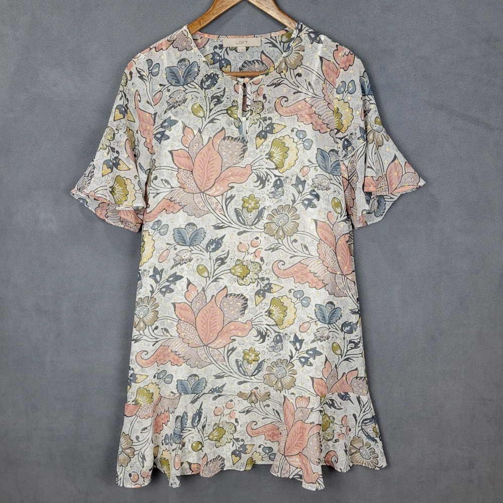 Loft Shift Dress Women's XS Multicolor Floral Lined Round Neck Short Sleeve Boho